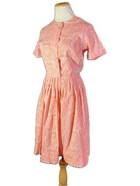 Vintage 1960s Jeanne Size 12 Paisley Dress Short Sleeve Button-Front